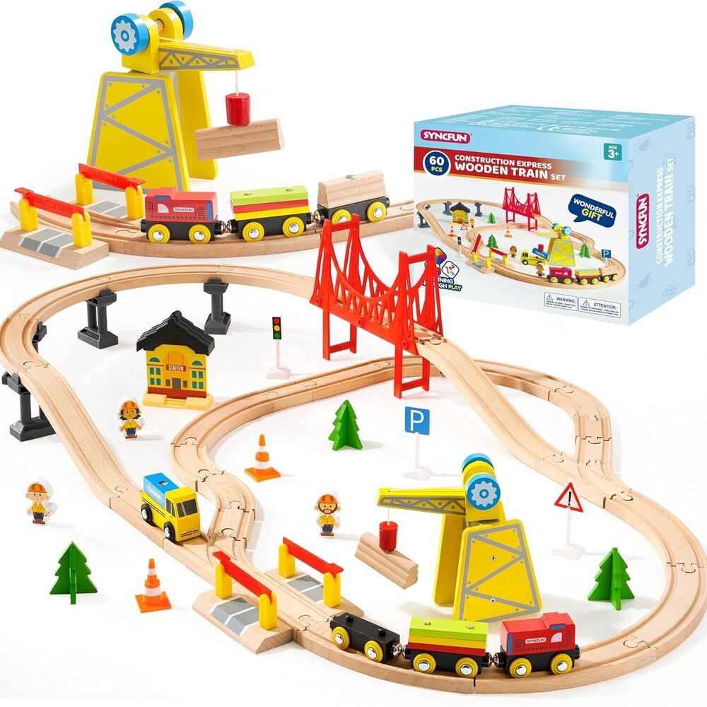 60PCS Wooden Train Set - Toy Magnetic Trains with Wooden Track Set for Kids Ages